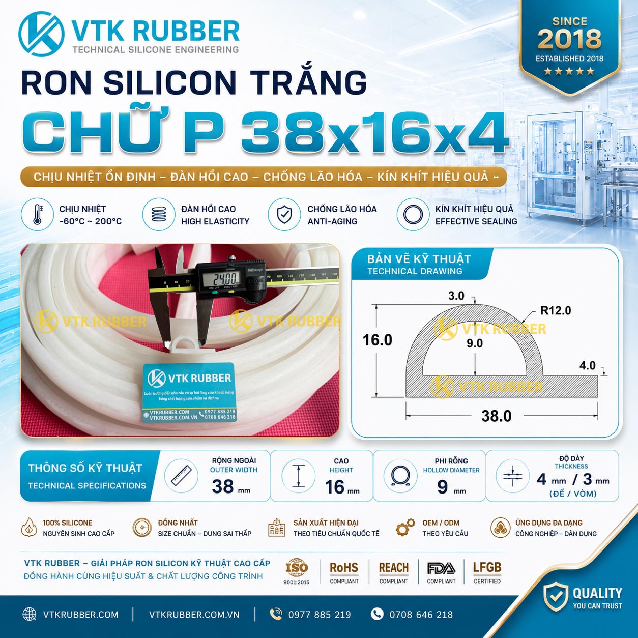 Cung cấp ron silicon trắng chữ P 38x16x4 tại An Giang, chịu nhiệt cao, chống rung, chống bụi cho hệ thống cửa và máy công nghiệp