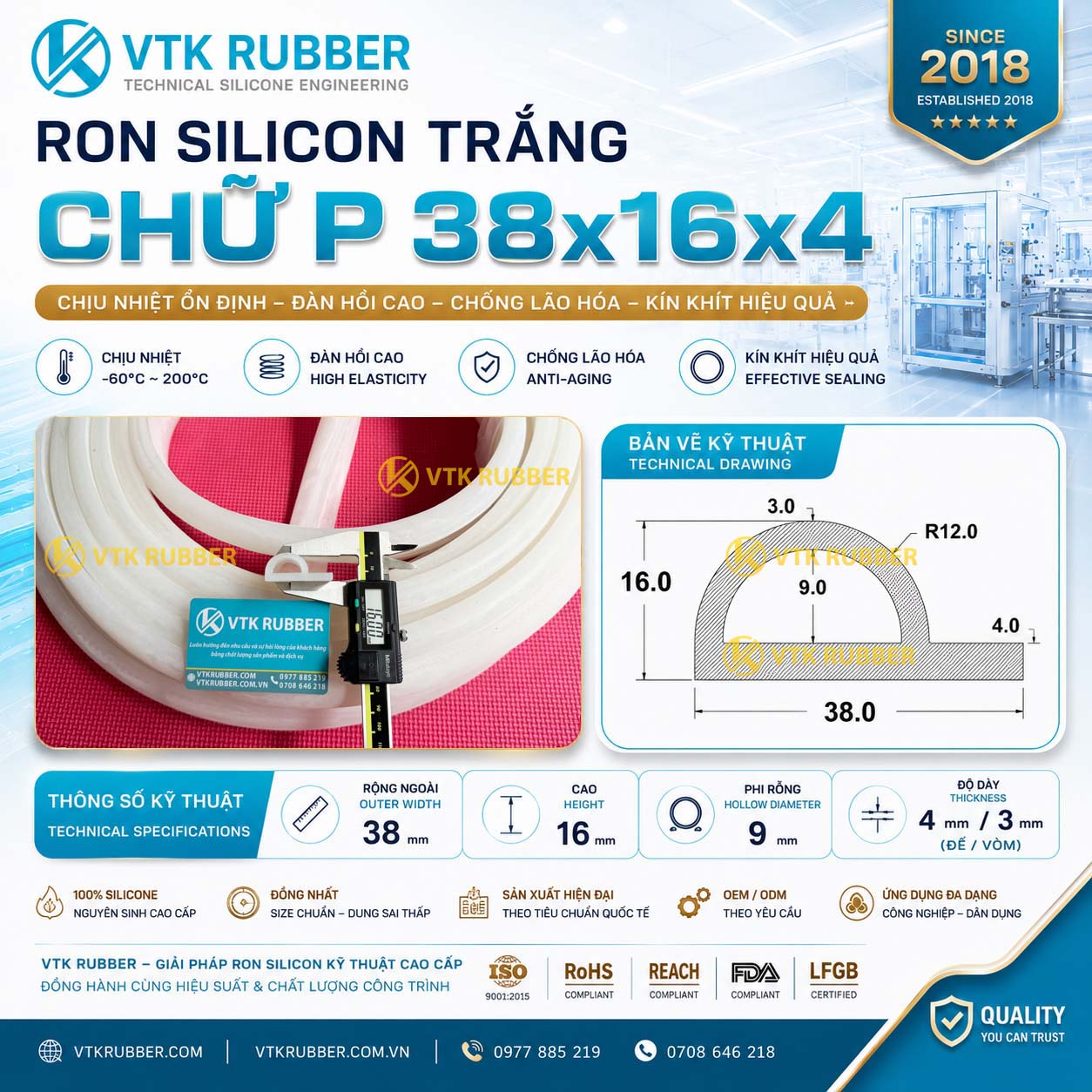 Cung cấp ron silicon trắng chữ P 38x16x4 tại An Giang, chịu nhiệt cao, chống rung, chống bụi cho hệ thống cửa và máy công nghiệp