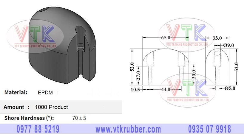 Đệm cao su EPDM hình trái xoan 65mm x 33mm x 52mm